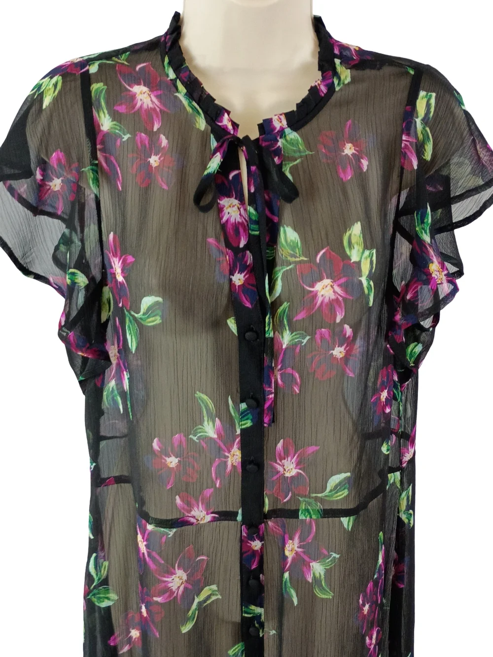 Express Black Sheer Floral Button Down Midi Dress with Pink and Green Print - Picture 3 of 7